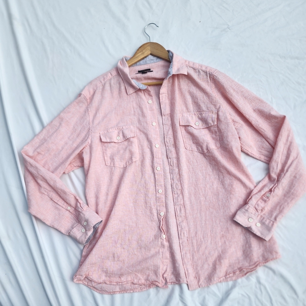 Marc Anthony Mens XL Linen Blend Salmon Pink Button Down Shirt Beachy